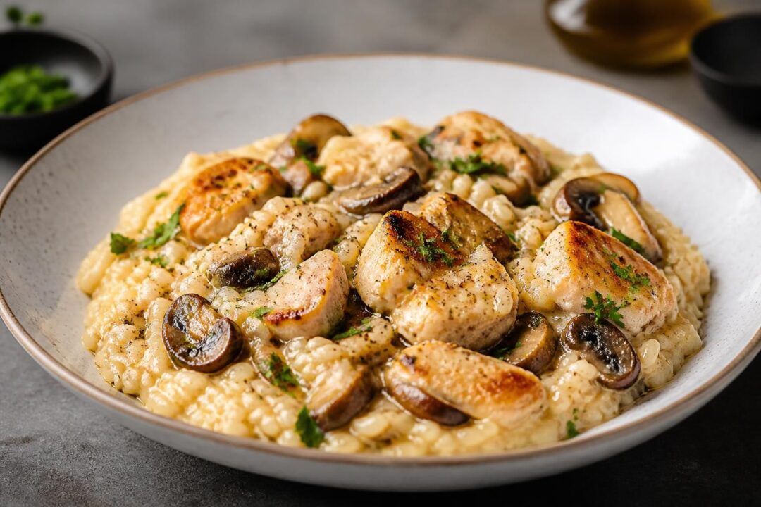 découvrez notre recette crémeuse de risotto au poulet et champignons, facile à préparer pour un repas savoureux et réconfortant.