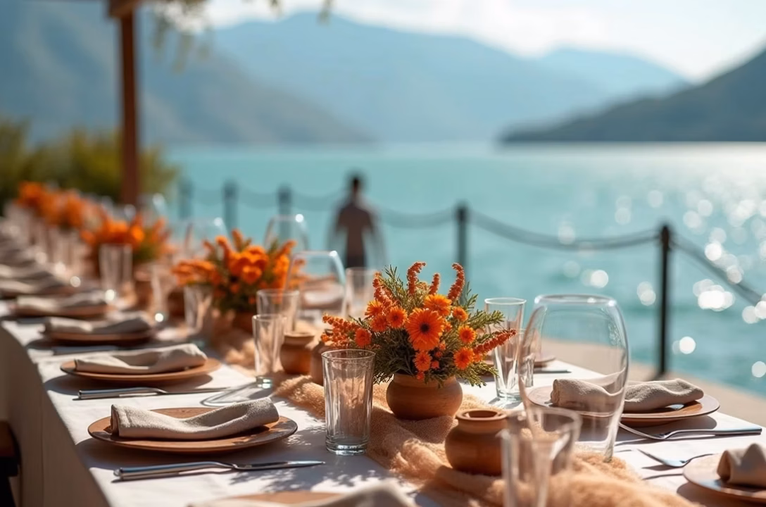 Restaurants lac Aiguebelette : panorama des tables au bord de l'eau en photo