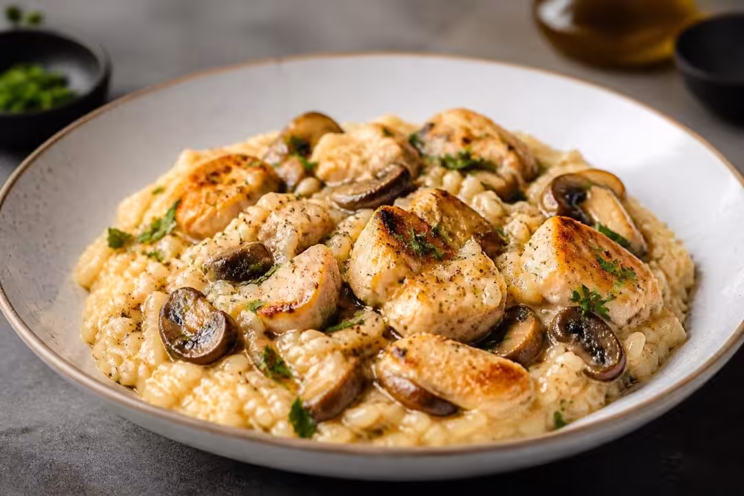 découvrez notre recette crémeuse de risotto au poulet et champignons, facile à préparer pour un repas savoureux et réconfortant.